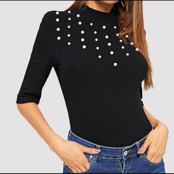 amourOC Tops - Beaded Pattern Mock Neck Fitted Top Black